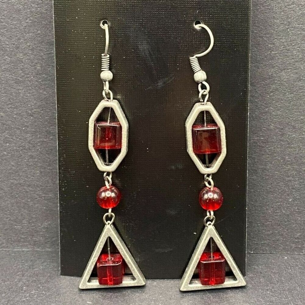 Handmade Triangle & Hexagon with Red Glass Bead Earrings by Neanie-Bot